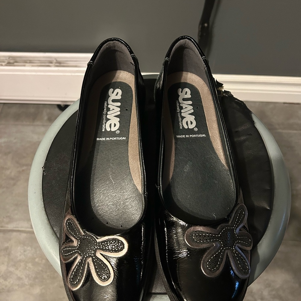 Black Leather Flats with Floral Design